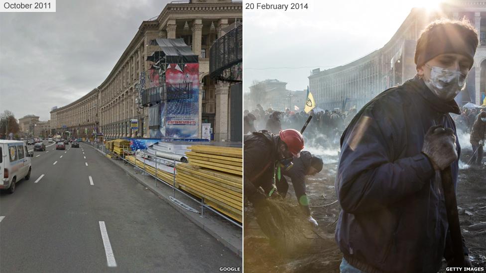 A road running through Independence Square before and after violent protest.