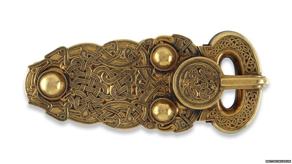 Gold belt buckle from the ship-burial at Sutton Hoo