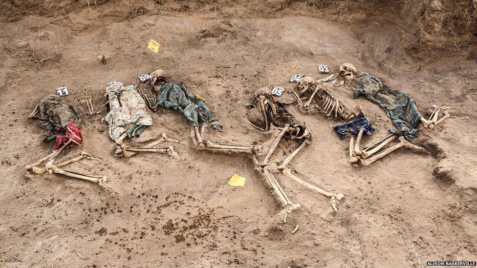 Six bodies are revealed in one of three recently excavated graves