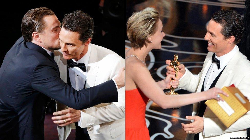 Matthew McConaughey with Leonardo DiCaprio and then with Jennifer Lawrence.