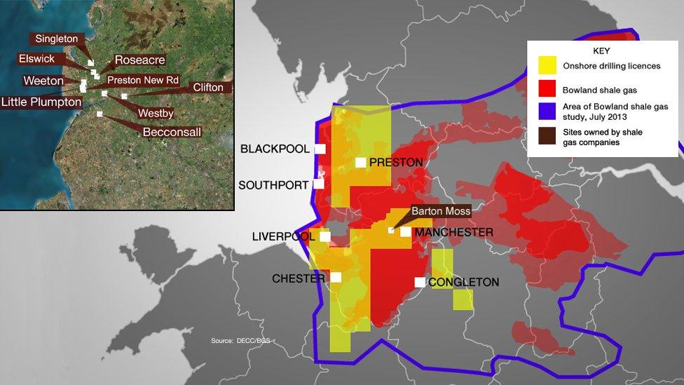 Map of drilling licences, shale gas and locations in the North West