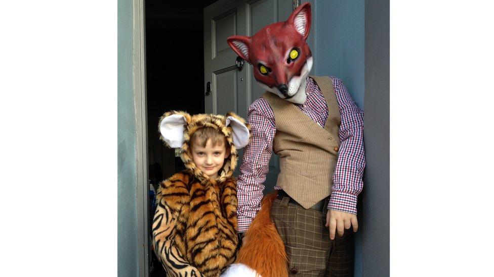 Inigo and Morph dressed as the tiger from Tiger Who Came To Tea and Fantastic Mr Fox.