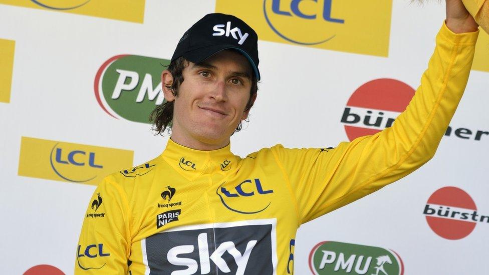 Geraint Thomas in the yellow jersey after taking the overall lead in the Paris-Nice race on Wednesday