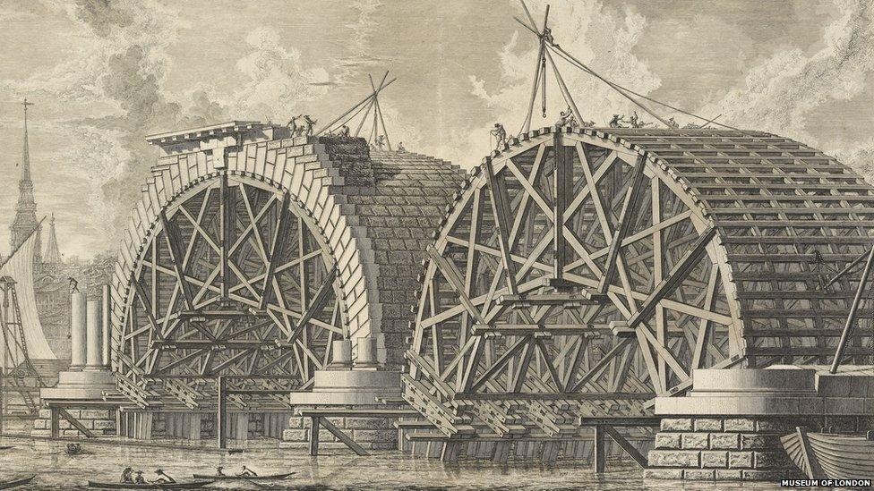 Giovanni Battista Piranesi, A view of part of the intended bridge at Blackfriars, London, 1763 (engraving)