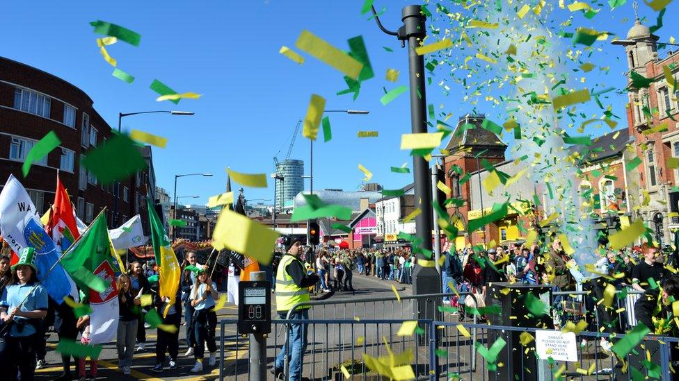 Confetti being released at St Patrick's Day Parade 2014