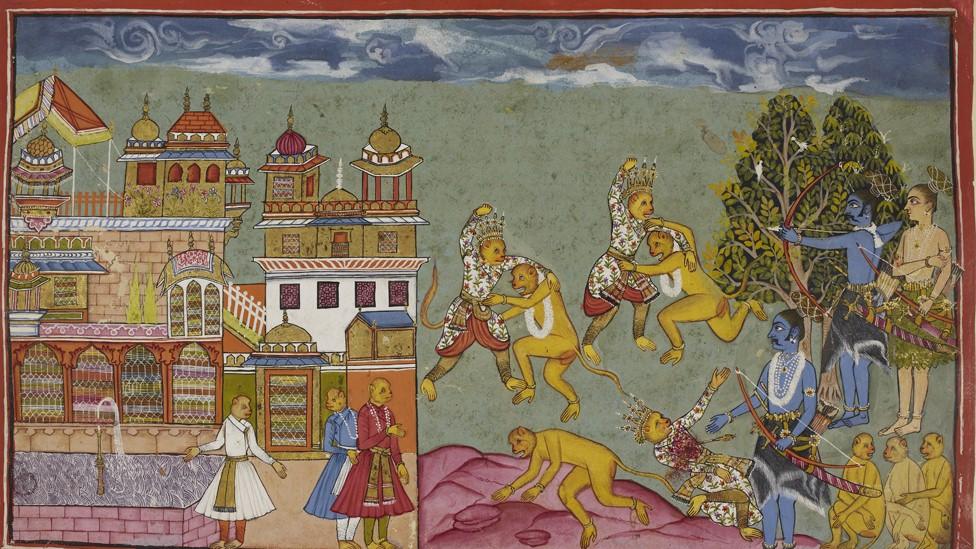 The brothers seek the help of the monkey king after Rama's wife, Sita, is kidnapped by a demon king. Here Rama intervenes in a fight between the monkey king, Sugriva, and his brother and cements an alliance