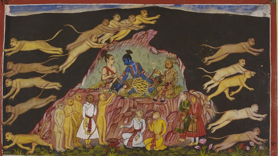 Rama, his brother Laksmana and Sugriva sit on a rock and send out the monkey forces in expeditions to hunt for Sita.