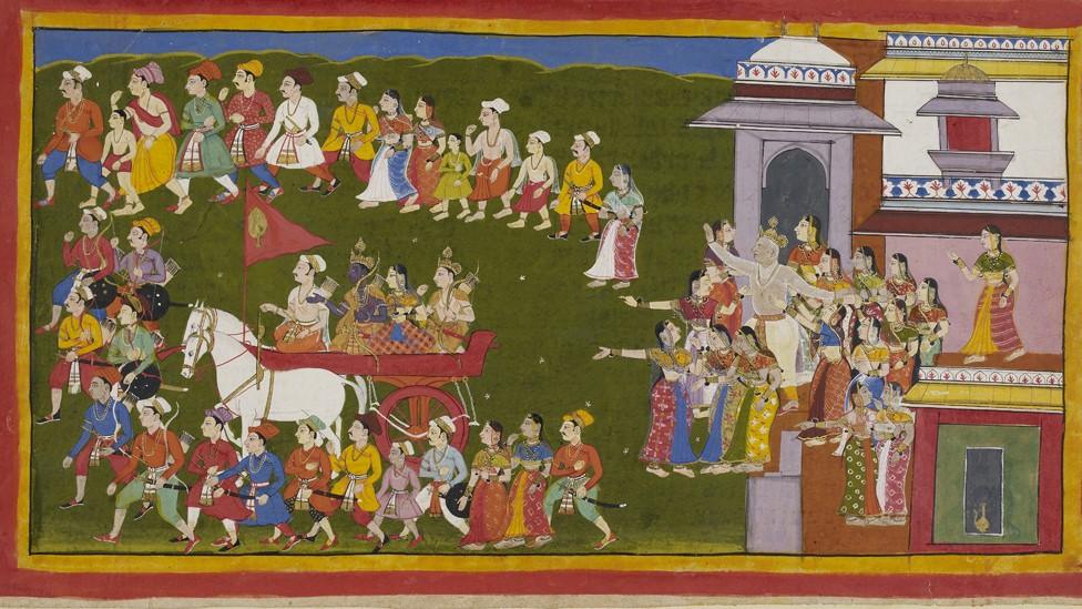 Rama heads into exile with his wife and brother after his stepmother intervenes to get her son crowned instead. The townspeople show their grief.
