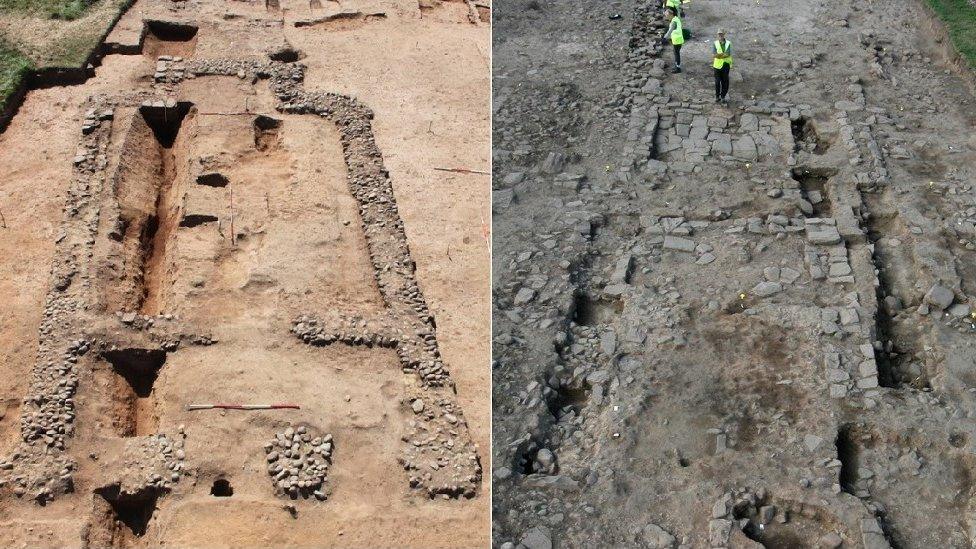 Excavation of the Roman temple and strip building