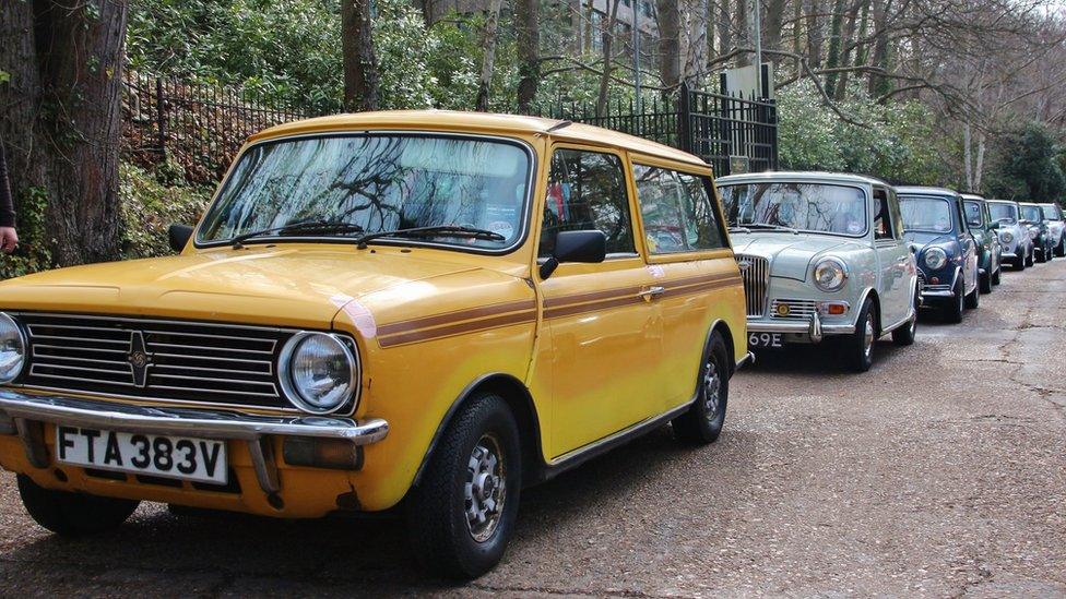 Cars queue for Brooklands Mini Day 2014