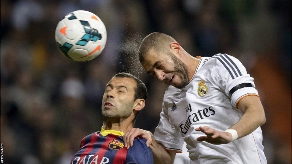 Karim Benzema heads the ball