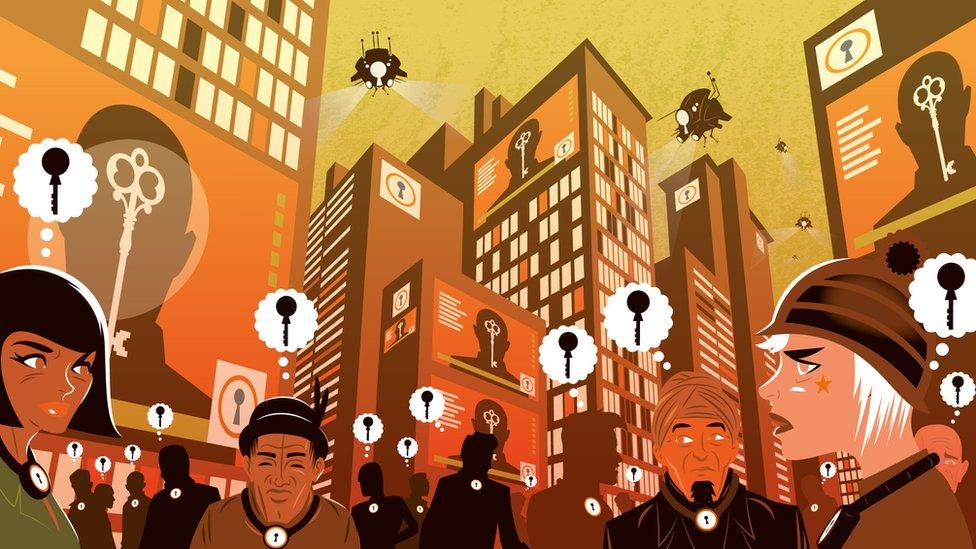 Meanwhile in the city, we see surveillance drones fly high above people with thought bubbles above their heads, each containing the 'state' key.