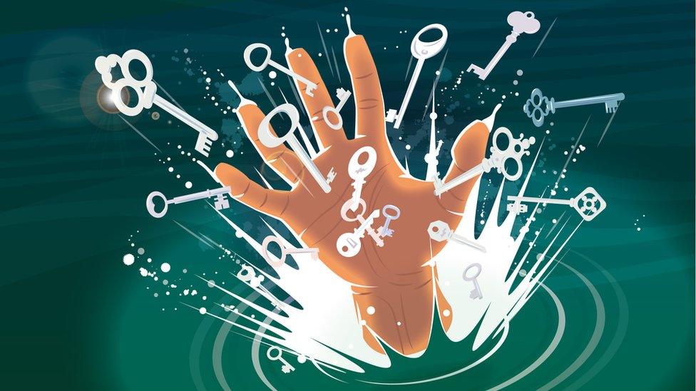 And a hand - the hero's hand - bursts from the water full of lots of different keys.