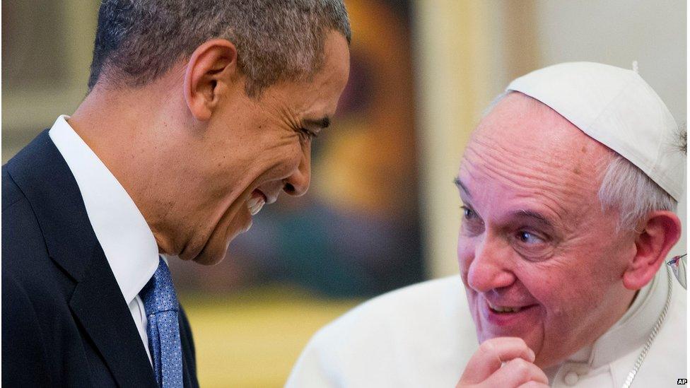 US President Barack Obama smiling as he meets with Pope Francis at the Vatican