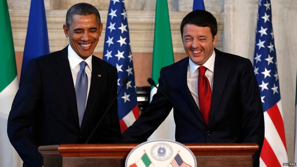 US President Barack Obama and Italian Prime Minister Matteo Renzi laughing at a news conference in Rome