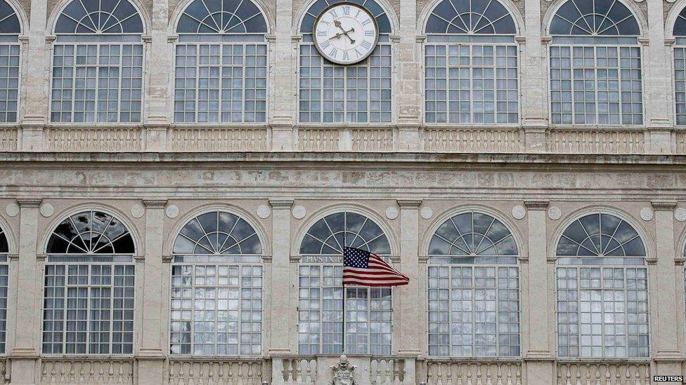 The US flag waves outside the Apostolic Palace during President Obama's audience with Pope Francis