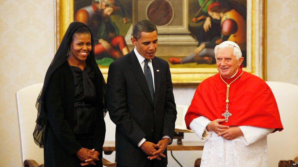 President Barack Obama and first lady Michelle Obama meeting Pope Benedict XVI in the Vatican in 2009