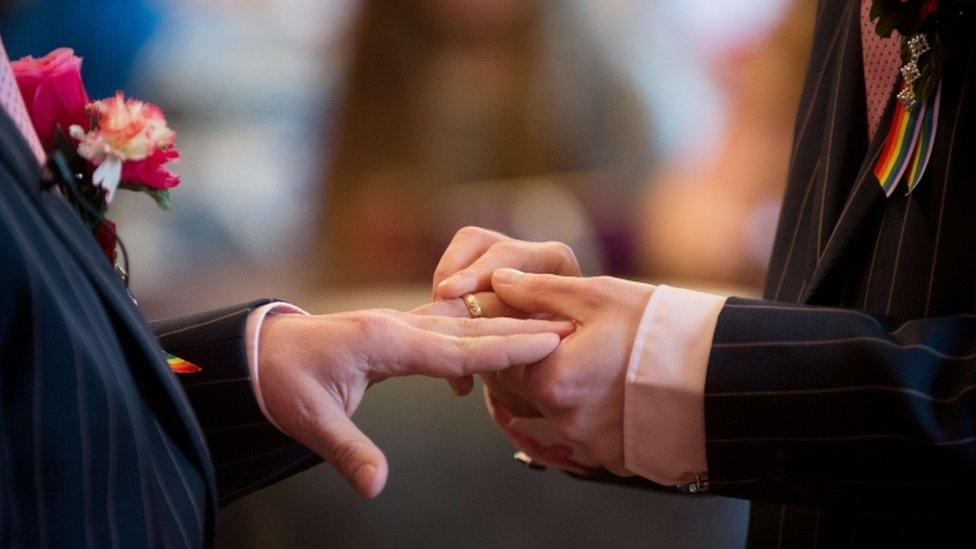 Men exchanging wedding rings