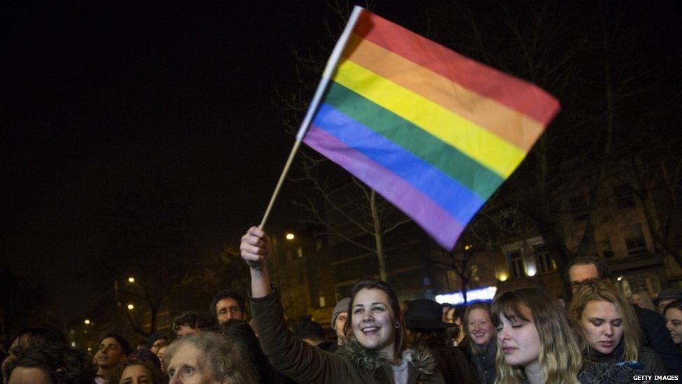 A gay marriage supporter waves a rainbow flag