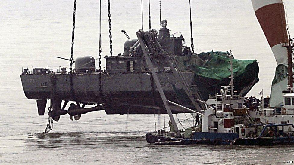 A giant floating crane lifts the stern of a South Korean warship to place it on a barge on 15 April, 2010