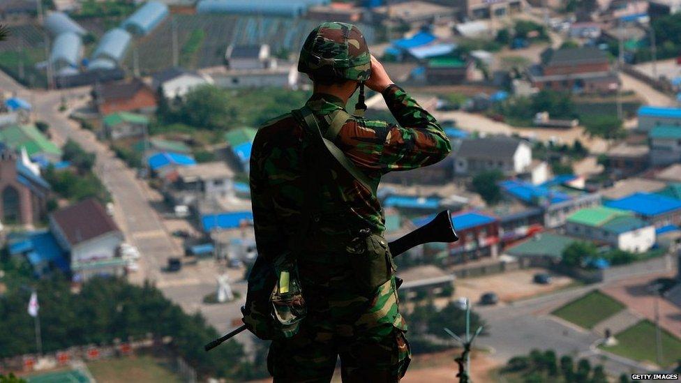 A South Korean marine looks through binoculars on Baengnyeong Island on 15 June, 2010