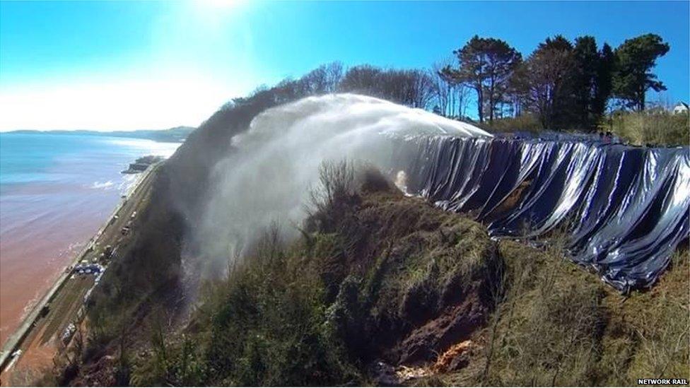 Teignmouth cliff being sprayed with water