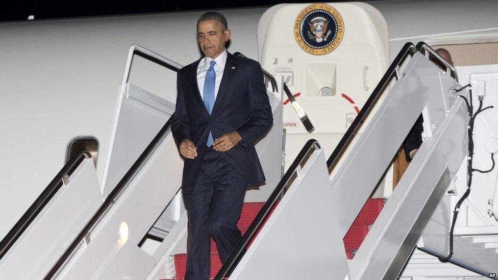 US President Barack Obama arrives on Air Force One at Andrews Air Force Base near Washington DC.