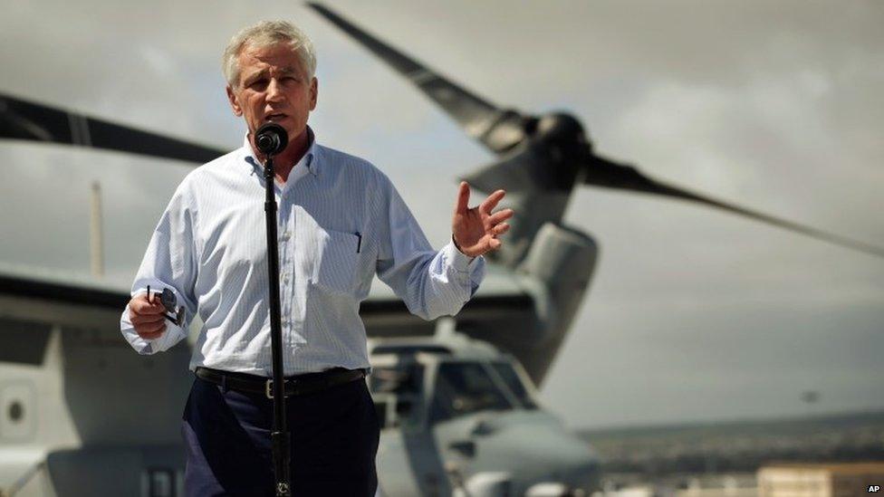 US Secretary of Defense Chuck Hagel speaks about the shooting at Fort Hood on the flight deck of USS Anchorage in Honolulu, 2 April