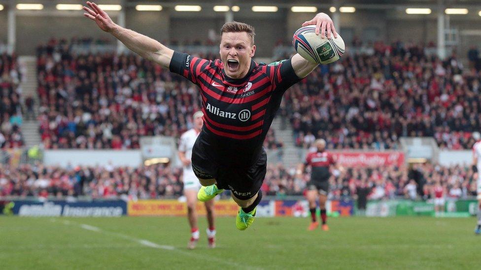 Saracens wing Chris Ashton produces his trademark 'Ash Splash' after scoring the opening try at Ravenhill