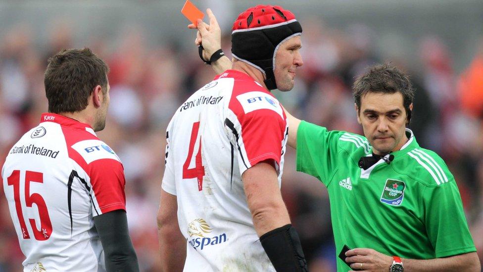 Jared Payne (left) starts his walk to the touchline after being shown a red card by French referee Jerome Garces