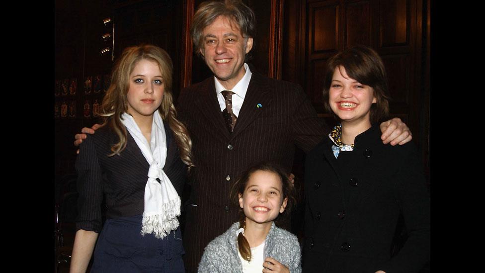 Peaches Geldof with Bob Geldof, Pixie Geldof (right) and Tiger Lily Hutchence Geldof (front)