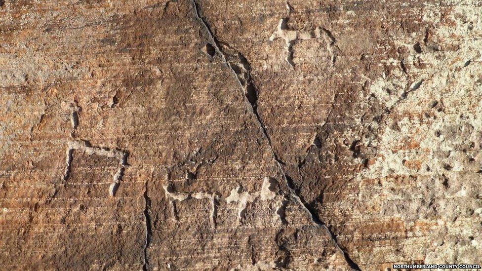 Carving of goats or deer at Goatscrag rock shelter, Northumberland