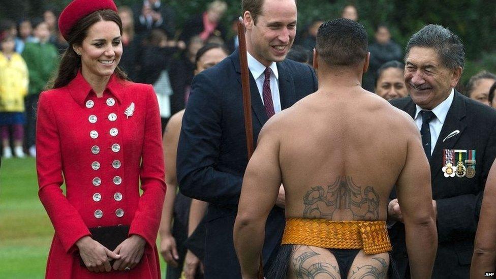 Duke and Duchess of Cambridge being greeted by a Maori