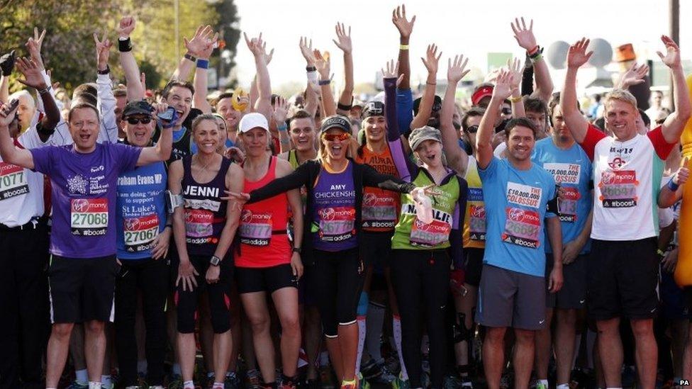 Celebrity runners gather at the start before the Virgin Money London Marathon,