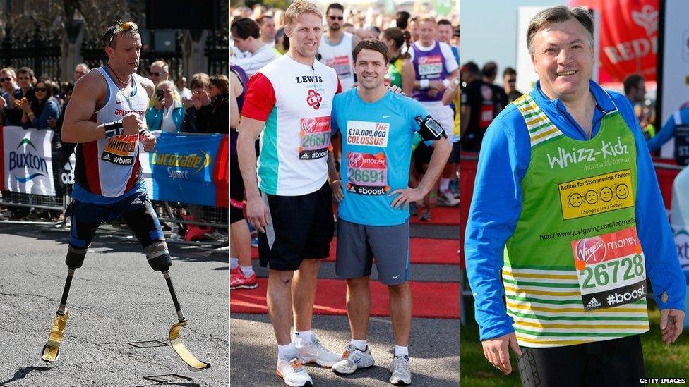 Paralympic gold medallist Richard Whitehead races past Parliament, while rugby player Lewis Moody, footballer Michael Owen and Shadow Chancellor Ed Balls prepare to start.