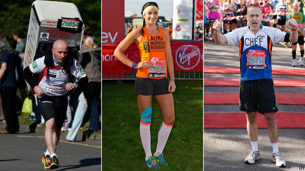 Tony Phoenix-Morrison runs with a fridge strapped to his his bike while, classical singer Laura Wright and chef Michael Roux gear up for the race.