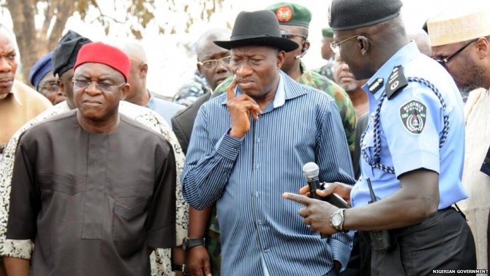 President Goodluck Jonathan of Nigeria visiting the scene of a bus station bombing near Abuja, 14 April 2014