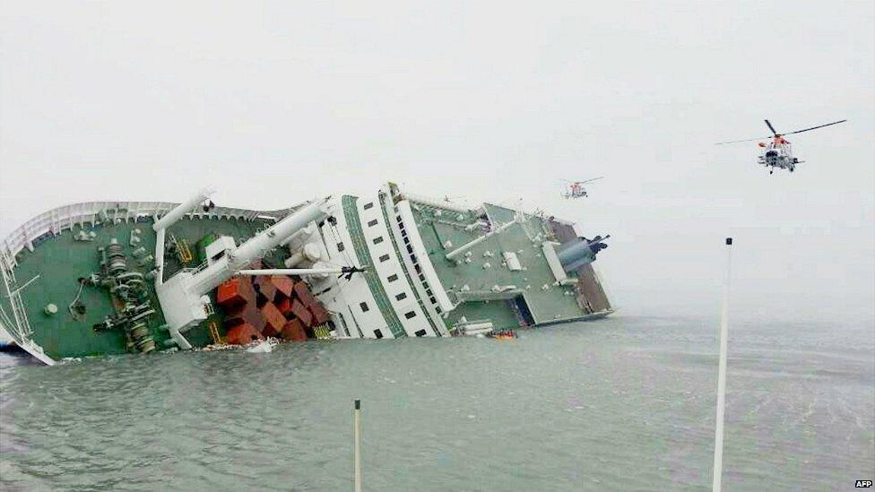 Helicopters fly above the capsized ferry on 16 April 2014