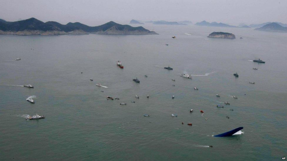 South Korean rescue vessels and fishing boats search for passengers who abandoned the sinking ferry - 16 April 2014