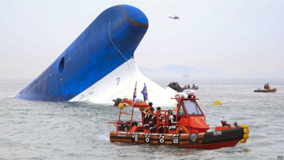 South Korea Coast Guard members searching for passengers some 20 kilometres off the island of Byungpoong - 16 April 2014