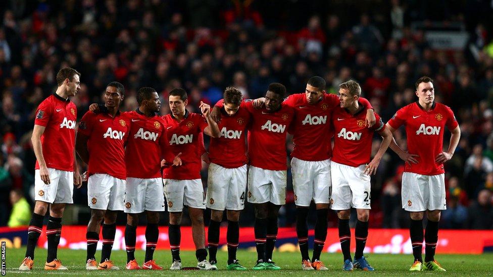 Manchester United players during the Capital One Cup semi-final penalty shootout