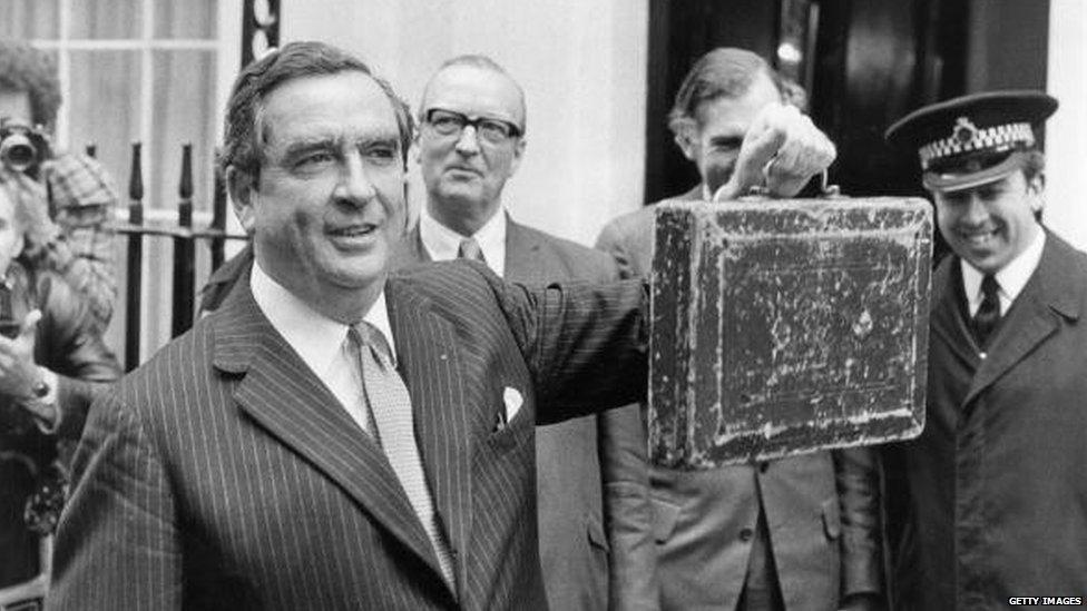 Healey with his first budget box outside Downing Street