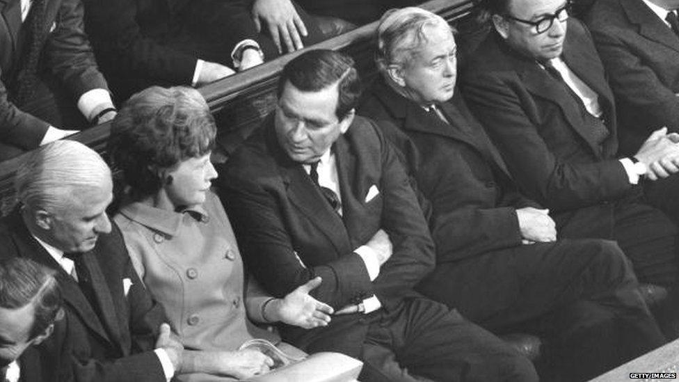 Denis Healey pictured on the opposition front bench in the Commons, alongside Michael Stewart, Barbara Castle, Harold Wilson and Roy Jenkins