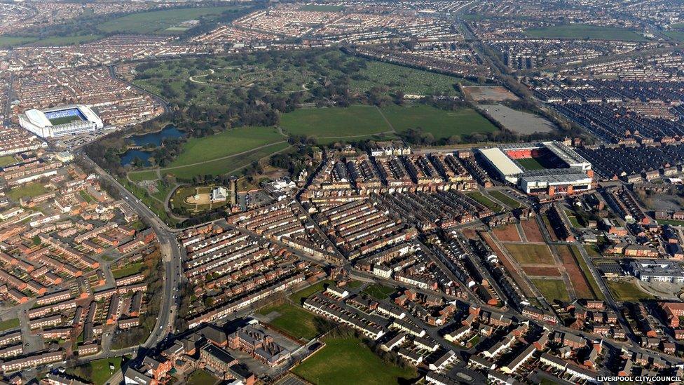 Aerial view of Stanley Park, Liverpool, showing the Liverpool FC and Everton FC grounds