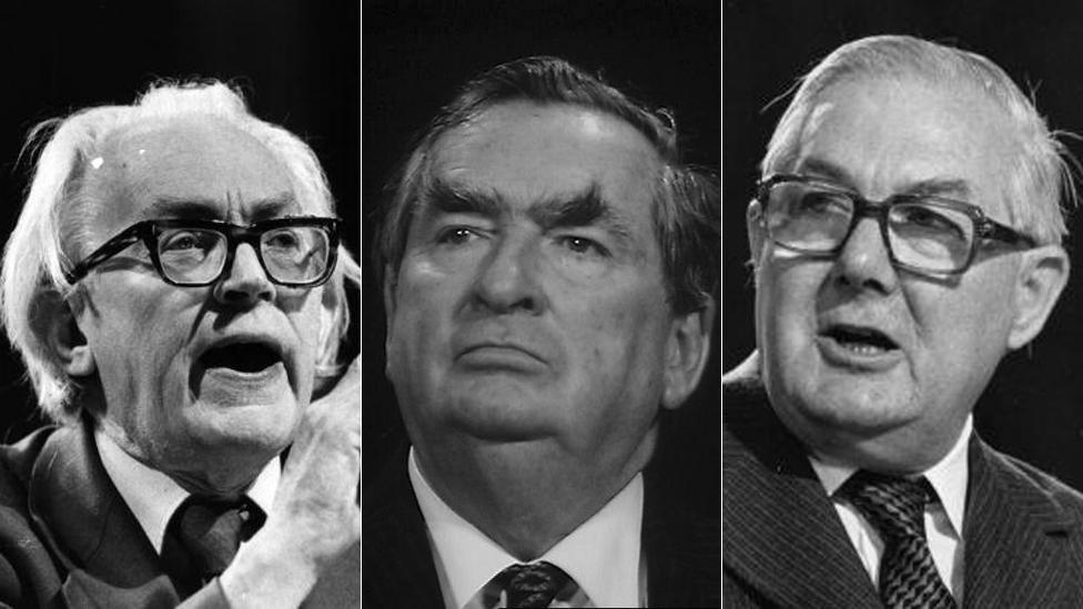 Stock photos of Michael Foot, Denis Healey and James Callaghan