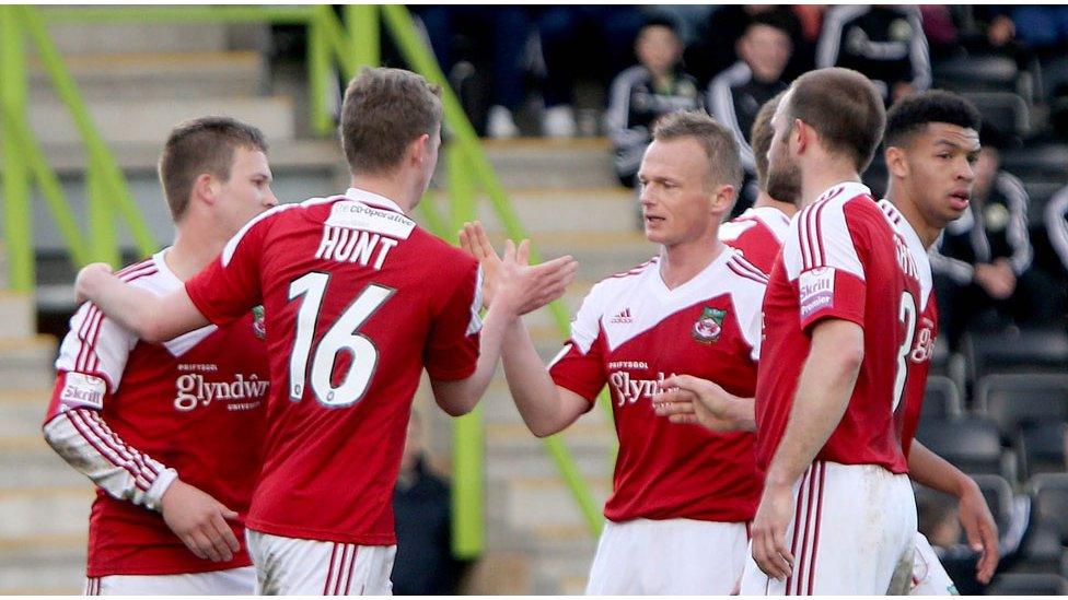 Wrexham celebrate Johnny Hunt's equaliser against Forest Green Rovers