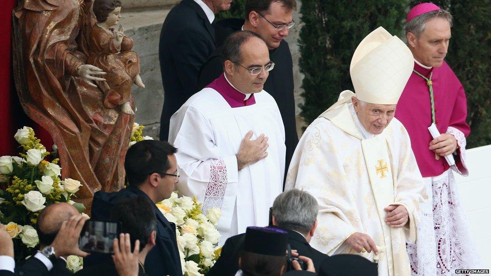 Pope emeritus Benedict XVI arrives for the canonisation mass of Popes John XXIII and John Paul II on St Peter's at the Vatican on April 27