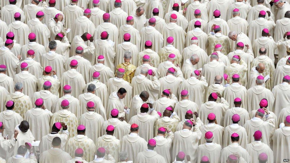 Bishops attend the canonisation mass of Popes John XXIII and John Paul II on St Peter"s at the Vatican on April 27