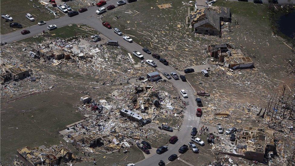 A residential neighbourhood is destroyed by a tornado near Vilonia, Arkansas, on 28 April 2014.