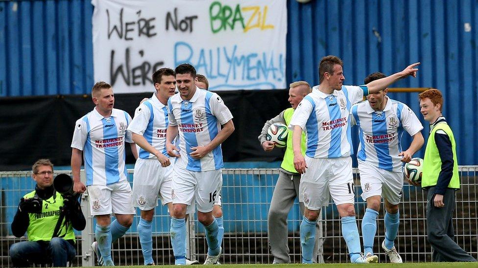 Ballymena celebrate after skipper Allan Jenkins scored their 76th minute equaliser against Glenavon in the Irish Cup final at Windsor Park